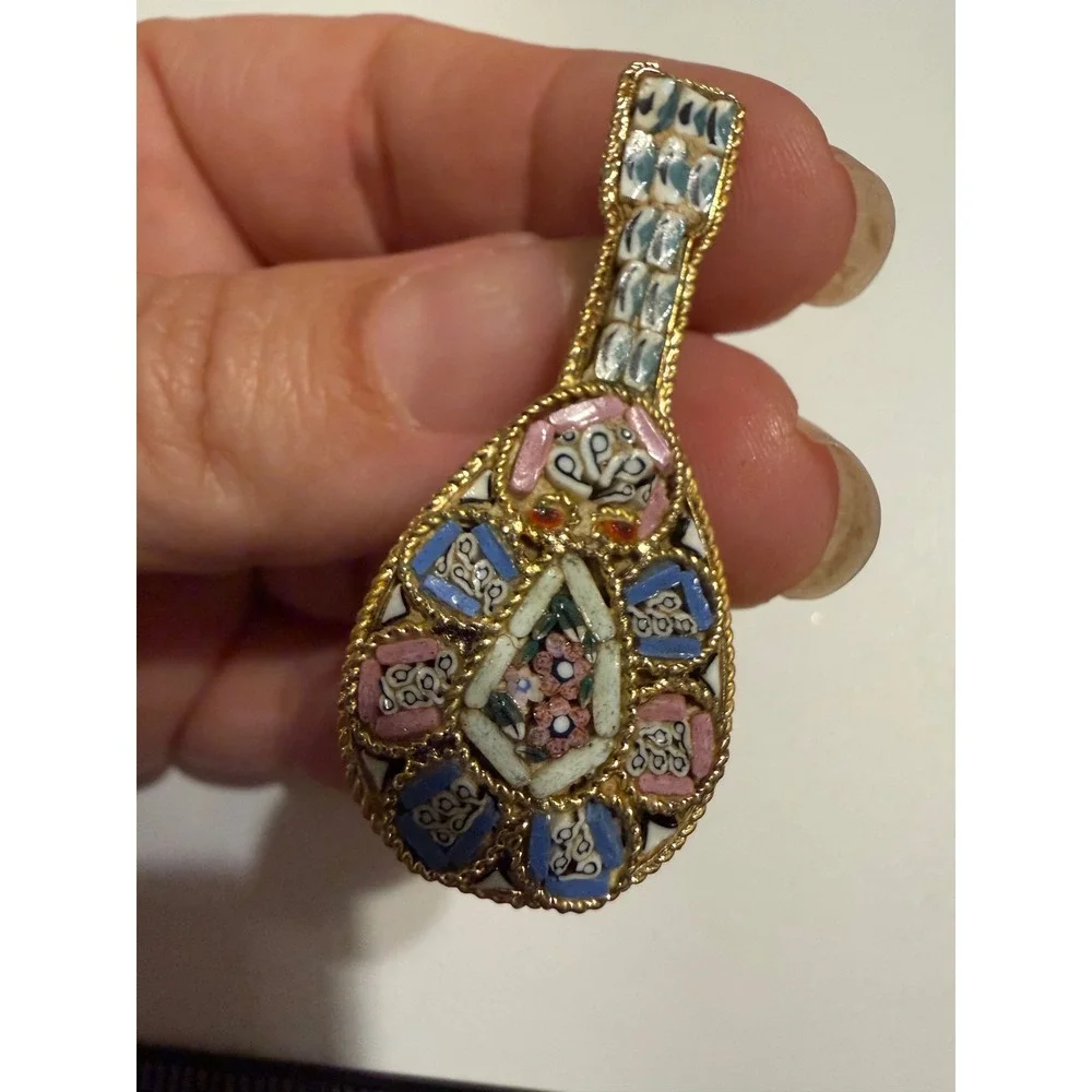 Vintage Italian Micro Mosaic Mandolin Brooch Lute Musical Instrument Gold Tone